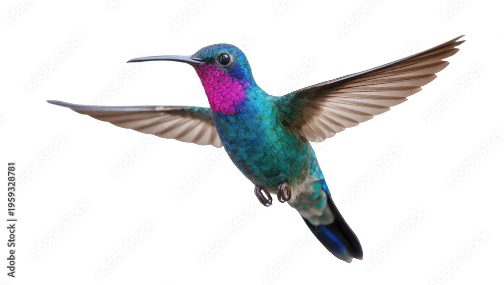 Obraz premium Vibrant iridescent hummingbird in graceful flight, showcasing its beautiful colorful feathers