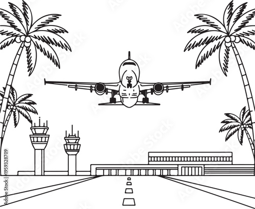 A black and white illustration of an airplane landing at a tropical airport with palm trees and a control tower