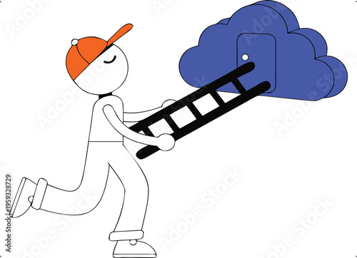 Person climbing ladder to cloud storage, accessing digital data and online services securely.