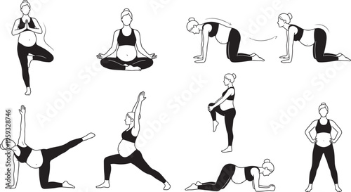 Pregnant woman yoga poses set, prenatal fitness exercises collection with stretching and meditation, hand drawn outline maternity workout vector illustration