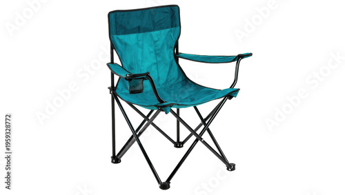 Foto Portable teal folding camping chair with armrests and cup holder for outdoor adv