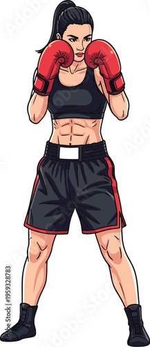 A female boxer in a fighting stance wearing red boxing gloves and black athletic gear