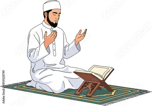 A man in white Islamic attire praying with a Quran on a wooden stand