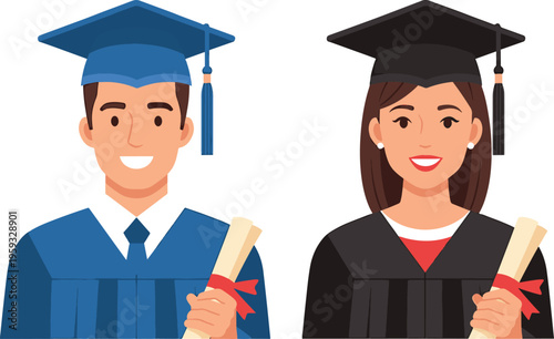 Two young graduates in caps and gowns holding diplomas and smiling at the camera with pride and accomplishment