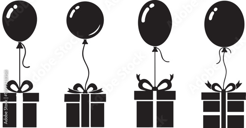 Four black balloons tied to gift boxes on a white background