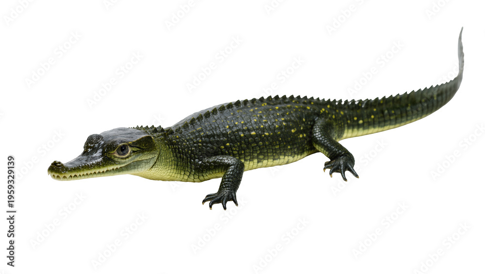 Fototapeta premium Young Spectacled Caiman or Alligator side view, wild crocodilian with detailed scales