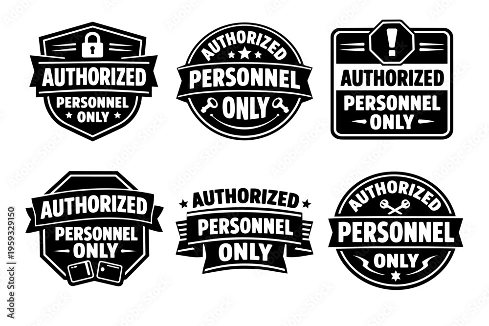 Fototapeta premium Authorized personnel only signs and labels set, indicating restricted access and security clearance for exclusive areas