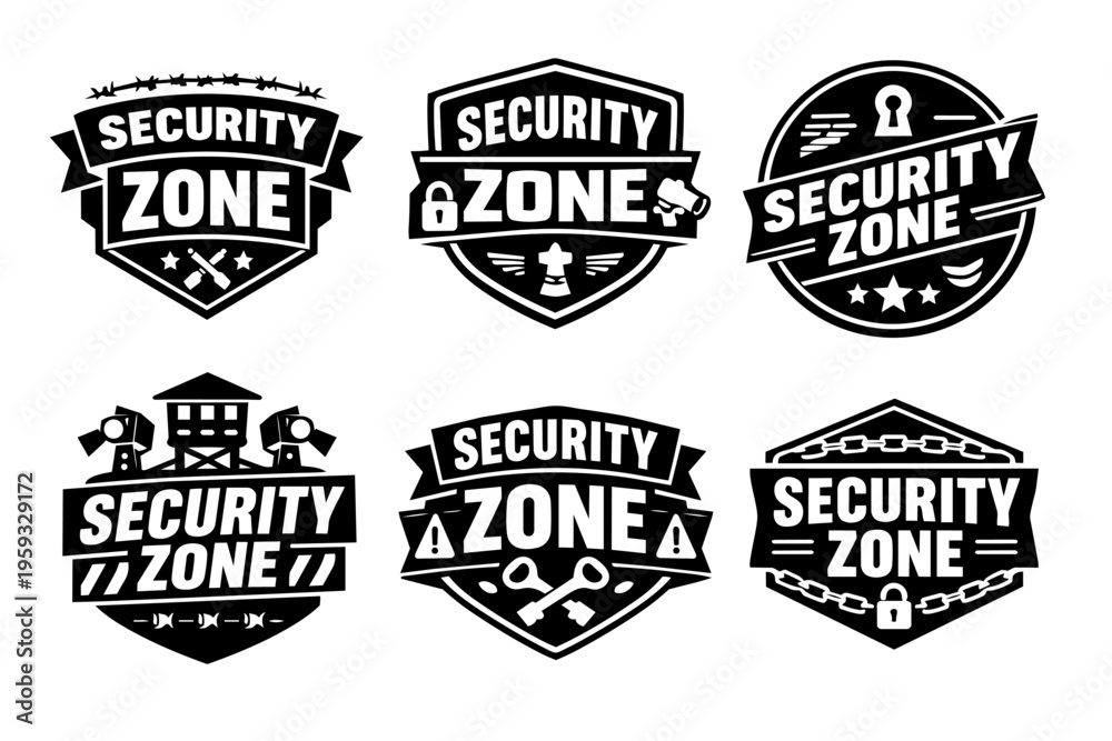 Obraz premium Black and white security zone emblems set, creating protection and defense concepts with guard elements and warning signs