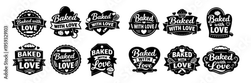 Collection of baked with love labels, showcasing baking elements, perfect for confectioneries, bakeries, or homemade goods