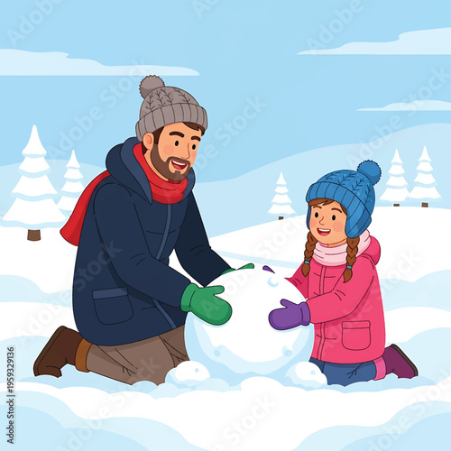 A man and a little girl building a snowman together in a winter landscape