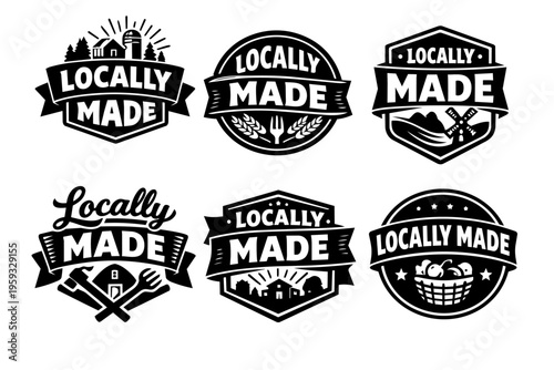 Locally made product labels collection with farm, agriculture, natural food, craft, handmade insignia and badge design