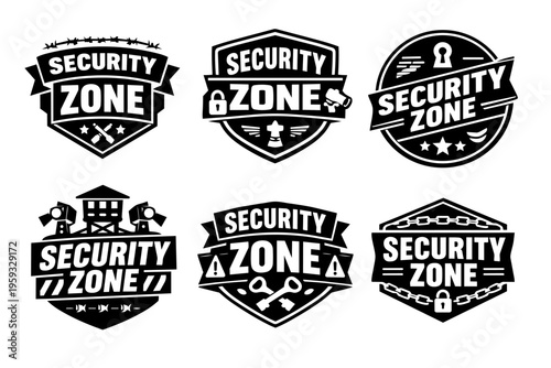 Black and white security zone emblems set, creating protection and defense concepts with guard elements and warning signs