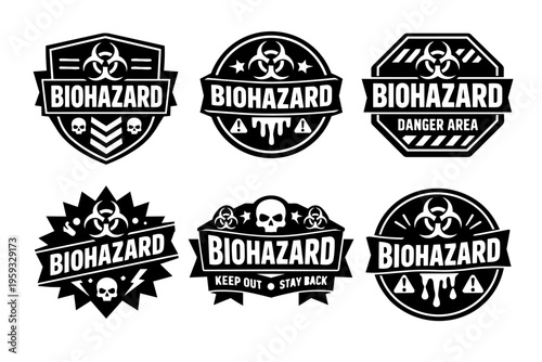 Biohazard warning signs and hazard zone emblems set, identifying biological risk, infected areas, and toxic dangers