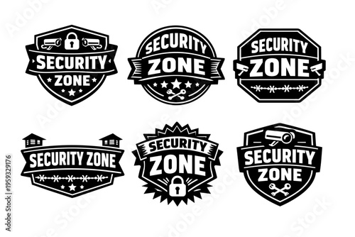 Set of security zone emblems in black and white, featuring symbols of protection, monitoring, and safety