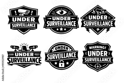Under surveillance warning badges set. Security, privacy, and monitoring sign collection with cctv cameras and padlock icons