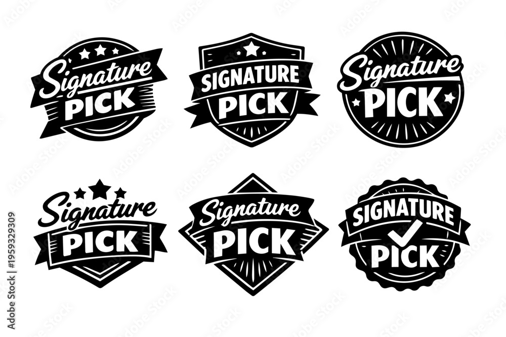 Obraz premium Signature pick badges set with quality seals and checkmark labels for recommended product selection design elements