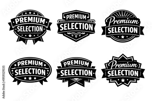 Premium selection badges and labels collection for quality products and services, featuring stars, ribbons, and text
