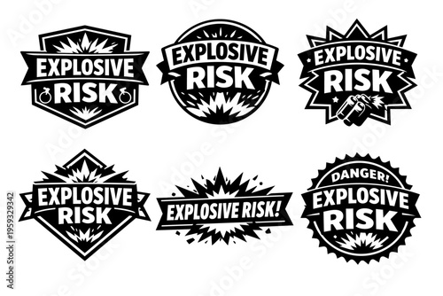Explosive risk warning vector badges set. Showing danger labels creating with dynamite symbols and blast elements