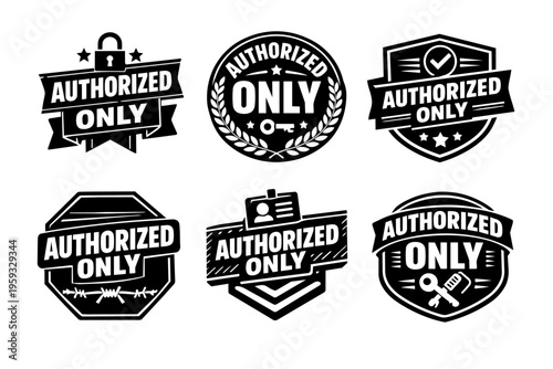 Badges and stamps indicating exclusive permissions, private access, and protected zones through various security icons