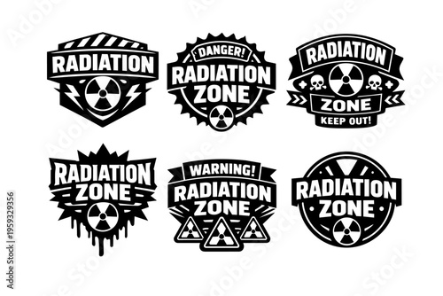 Radiation zone danger stickers and warning emblems with skull and radioactive symbol for nuclear hazard