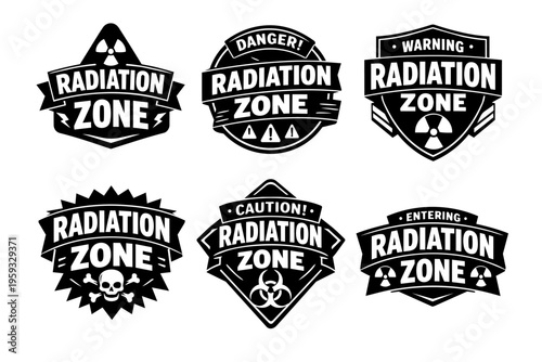 Radiation zone warning signs collection showing danger, caution, and hazard symbols, warning of radioactive materials