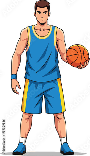 A cartoon basketball player in a blue uniform holding a ball