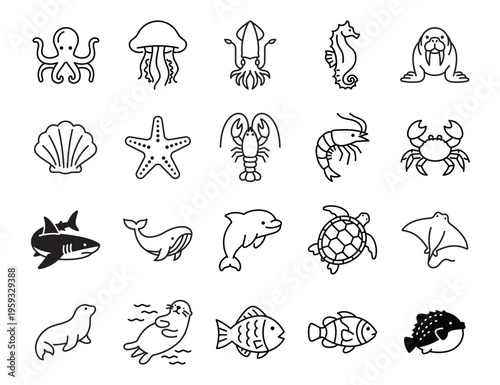 Marine animals icon set featuring ocean creatures like octopus, jellyfish, squid, seahorse, walrus, crab, lobster, fish, shark, dolphin, turtle and ray in clean outline style.