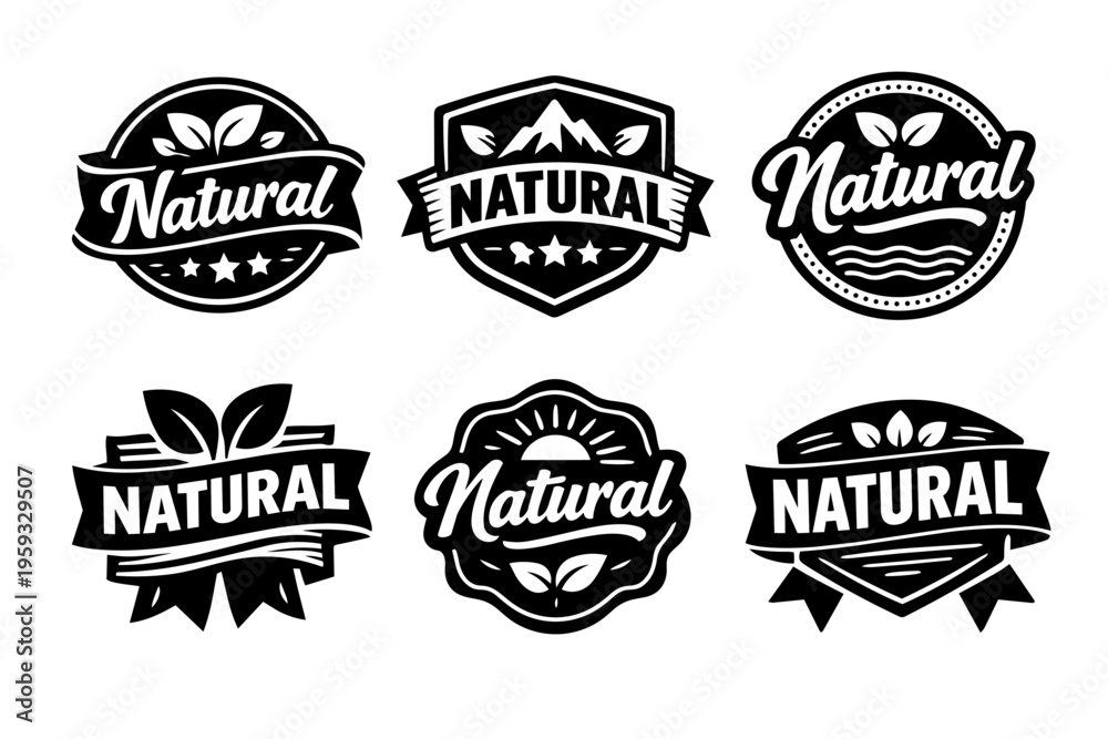 Obraz premium Natural food and organic product badge set featuring eco-friendly leaf, mountain, sun, and wave elements