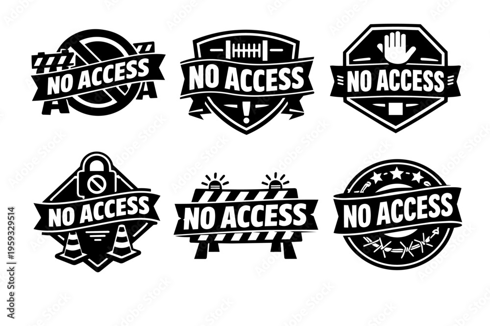 Obraz premium No access signs set with stop hand, barrier, cones, padlock, warning, and restricted symbols