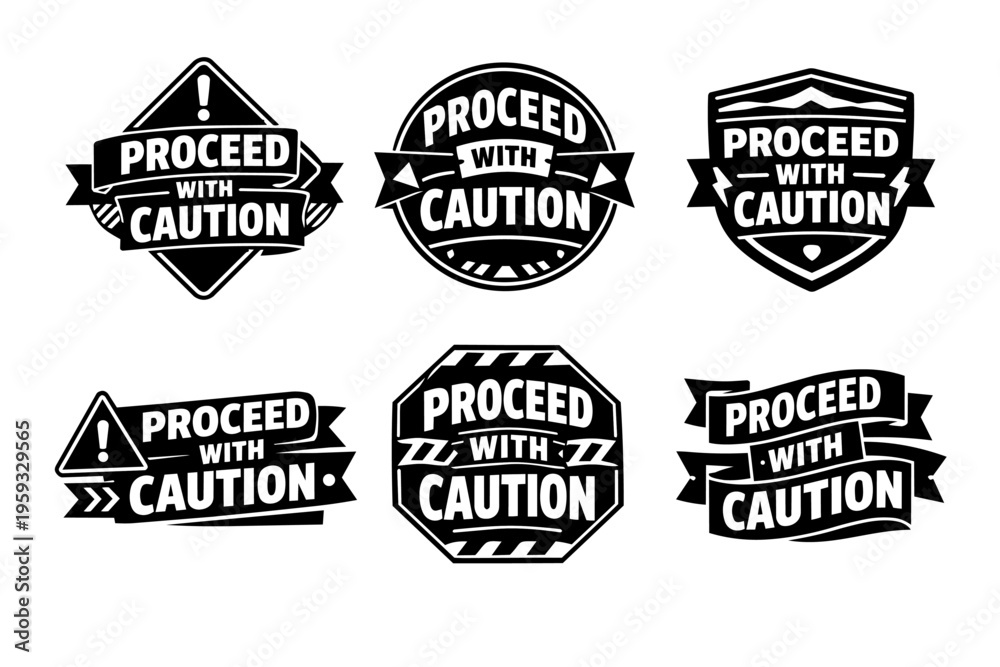 Obraz premium Proceed with caution sticker badges collection. Warning labels with text message and hazard symbols, vector graphic set