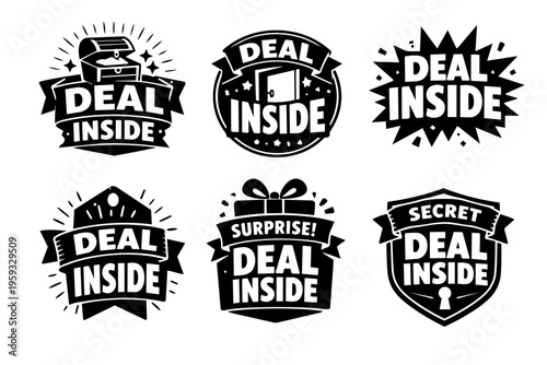 Badges set featuring deal inside text with visual metaphors like treasure chests, doors, and gift boxes
