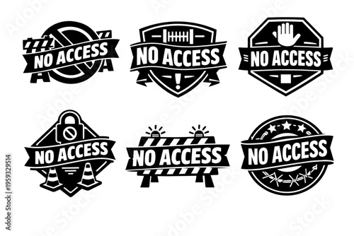 No access signs set with stop hand, barrier, cones, padlock, warning, and restricted symbols