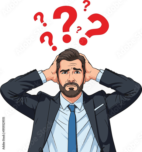 A stressed businessman with question marks above his head, looking confused and overwhelmed.