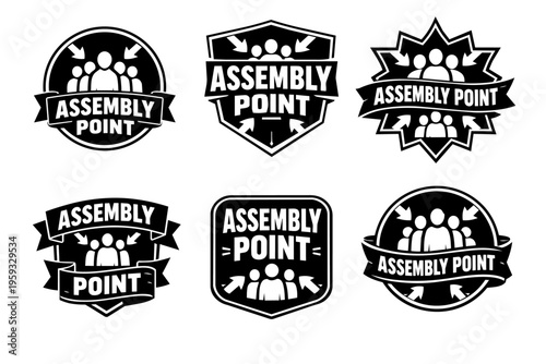 Assembly point signs illustrating emergency meeting spots, group evacuation, and safety procedures with people and arrows
