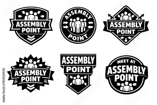 Assembly point signs and safety icons for emergency evacuation, meeting location, and gathering people