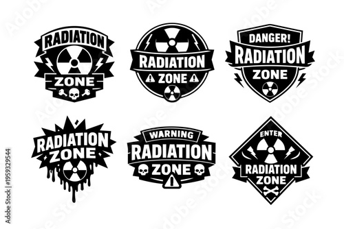 Radiation zone warning symbols, badges, logos, and emblems for dangerous areas, atomic power, and restricted access