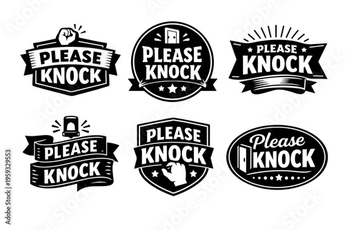Please knock signs collection with fist, door, alarm bell and stars. Badges and labels design