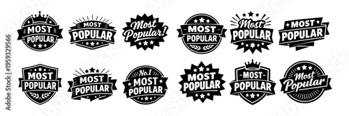 Most popular badge set featuring star rating, crown, ribbon, and shield elements for best choice product labels