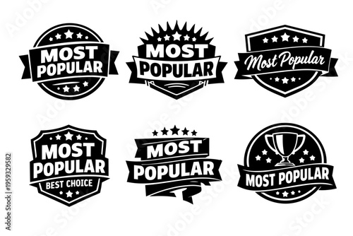 Collection of most popular badges and emblems in black and white, indicating best choice, top rating, and premium quality