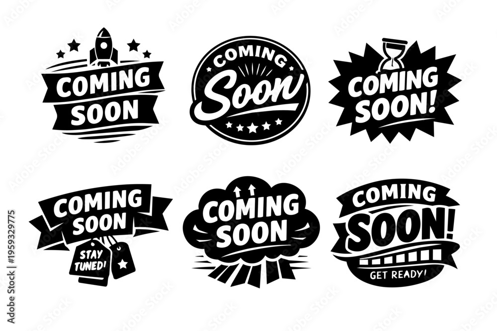 Fototapeta premium Coming soon labels set. Black vector announcement, promotion, and new product launch banners