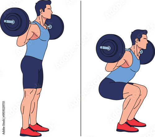 A fit man performing a squat exercise with a barbell in a gym setting for strength training and muscle building