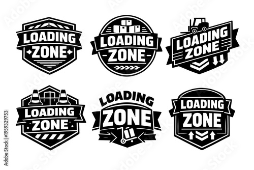 Loading zone emblems featuring warehouse operations, logistics, delivery, and transportation vector visuals
