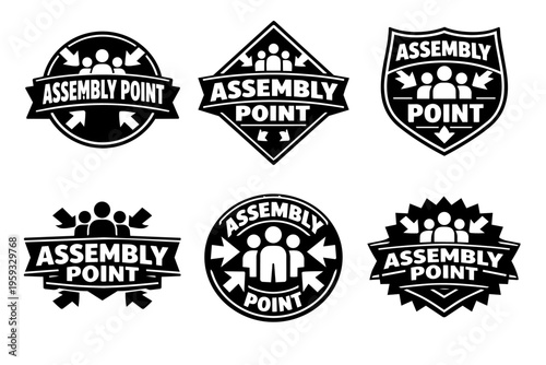Assembly point signs set for emergency evacuations and safety regulations, indicating a designated gathering area