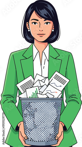 A frustrated businesswoman holding a trash can full of crumpled papers in a green blazer