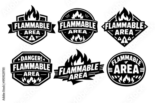 Industrial safety collection featuring flammable area and fire hazard warning signs with flames, labels, and badges design