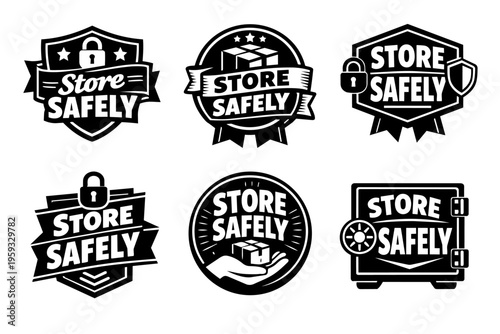Store safely and product security concepts with business delivery icons, badges, and labels, providing data protection and secure storage