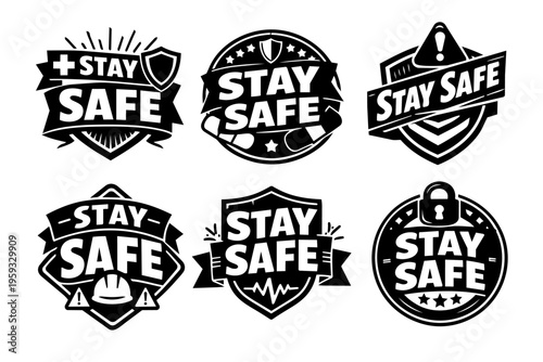 Stay safe badge collection featuring shield, mask, hard hat, padlock, warning, and health symbols