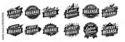 Latest release badges set featuring new product announcement labels, launch stickers, and exclusive offer banners collection