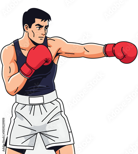 A determined cartoon boxer throwing a punch with red gloves and a focused expression
