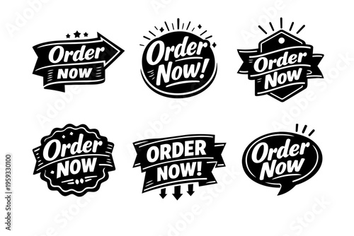 Set of order now badges, ribbons, and speech bubbles for e-commerce, promotions, and calls to action